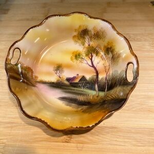Vintage 1920s-40s Hand Painted Noritake Bowl with Cut Out Tab Handles Landscape